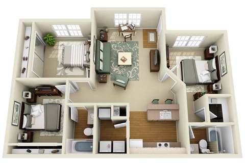 a 3d floor plan of a house with a bedroom and a living room